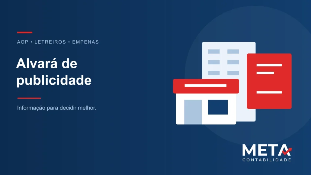 Ilustração de fachada comercial e empena com anúncio, na identidade da Meta Contabilidade.
