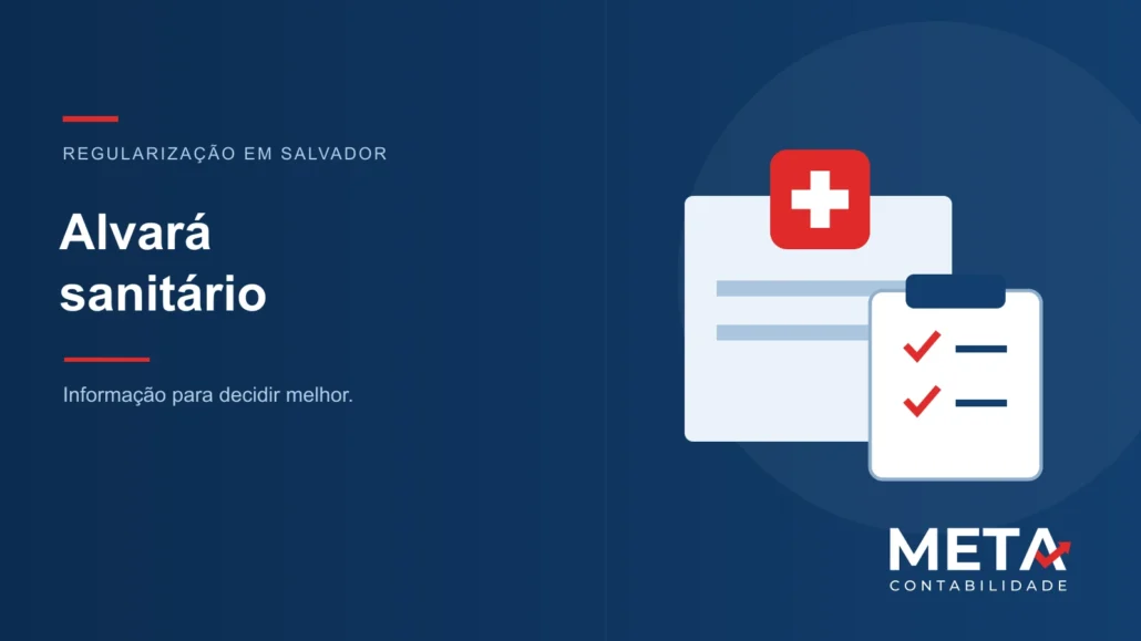Ilustração de estabelecimento de saúde e documento de verificação sanitária, com a marca Meta Contabilidade.