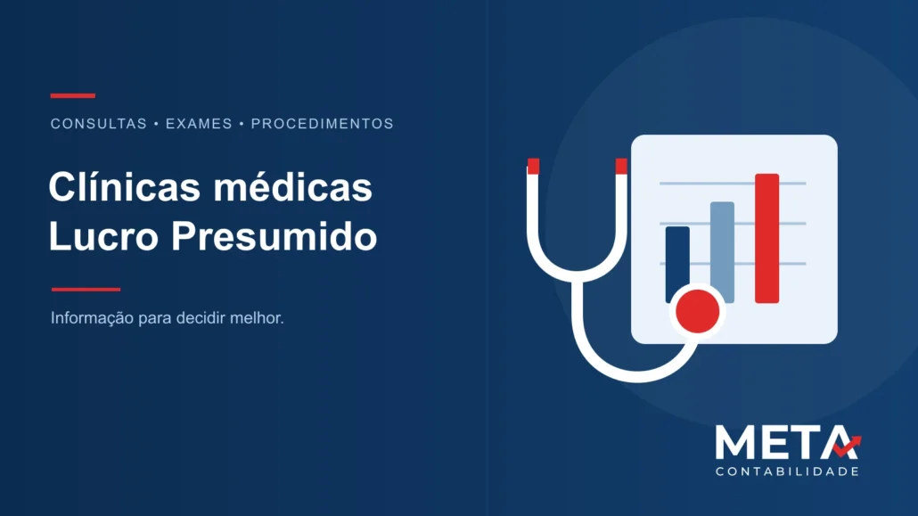 Ilustração de clínica médica, estetoscópio e quadro de análise tributária, com a marca Meta Contabilidade.