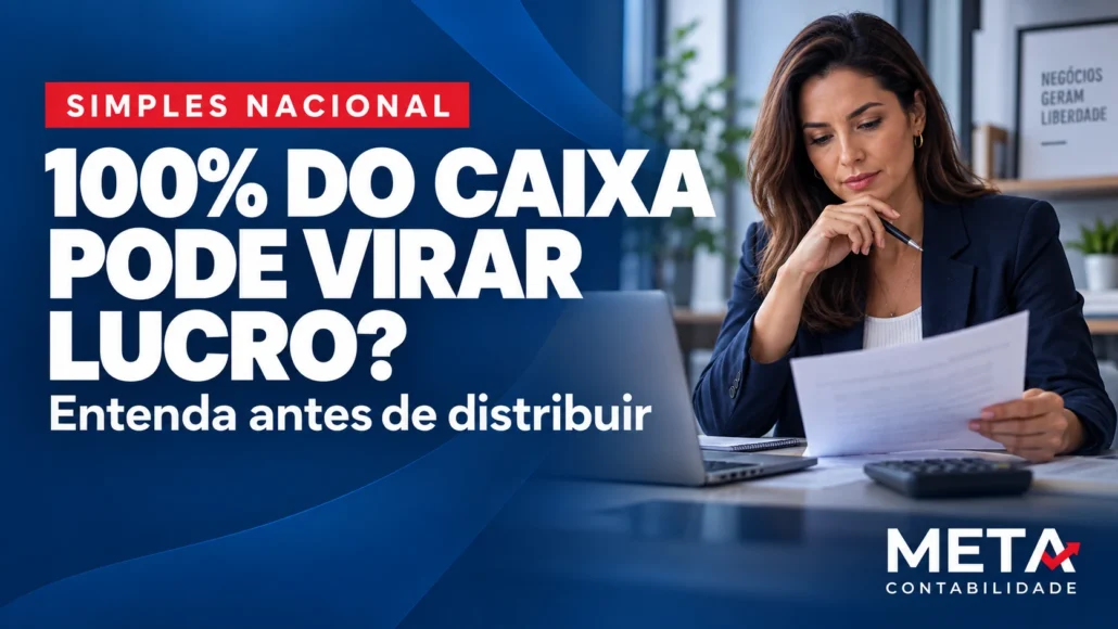 Empresária analisa documentos ao lado de um notebook; capa sobre caixa e distribuição de lucros no Simples Nacional, da Meta Contabilidade.